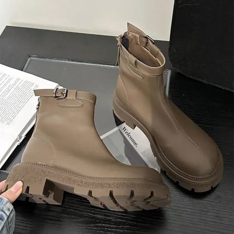 maoxiangshop  -  Autumn Winter Chunky Platform Boots Women Soft Leather Stretch Ankle Boots Fashion Belt Buckle Back Zip Design Knight Boots