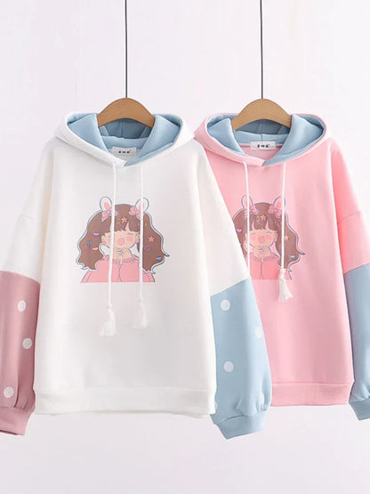 maoxiangshop Sweet Style Kawaii Print Graphic Fleece Women Hoodies Winter Harajuku Cute Drawstring Hoody Sweatshirt Female Pullover Top