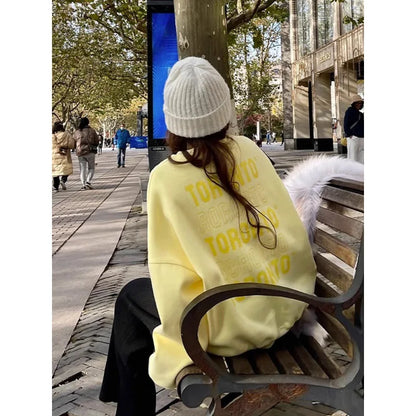 2024 Spring New Creamy Yellow Baggy Sweatshirt Women Fashion Letter Printing Street Lazy Wind Pullover Tops Korean Y2k Clothes