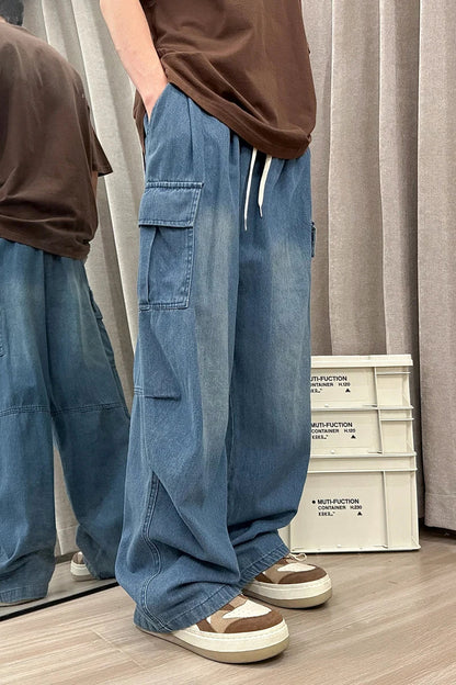maoxiangshop Men Jeans Loose Straight Wide Leg Denim Pants Men's Hip Hop Streetwear Skateboard Neutral denim Trousers Mopping Cargo jeans