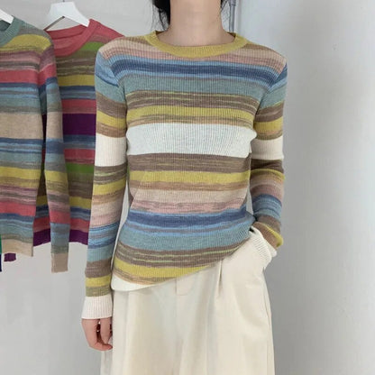 maoxiangshop Rainbow Sweater Women Super Soft Stretchy Multicolor Striped Knit Striped Jumper Pullover Female Spring Autumn Knitwear