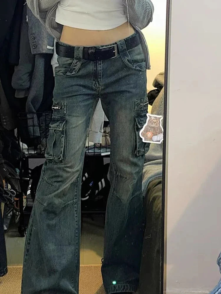 Cargo Pants Women Fashion Big Pocket Femme Flare Pants Spring New Casual Mopping Denim Trousers Vintage Y2k Baggy Jeans