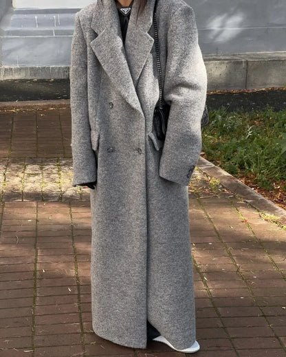 maoxiangshop  -  Fashion Grey Lapel Long Woolen Coats Women Double-breasted Pockets Long Sleeves Overcoat 2024 Autumn Lady Street Outerwear