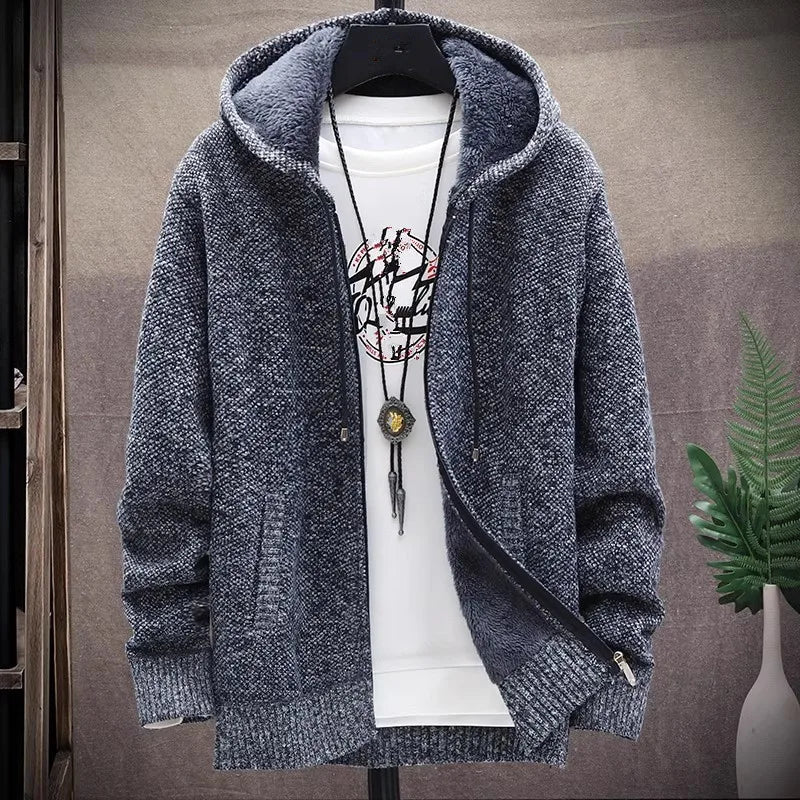 maoxiangshop Men‘s Hooded Cardigan Knitted Sweater Winter Thick Fleece Warm Casual Knitwear Coat Solid Color Cardigan Men Hooded Sweaters