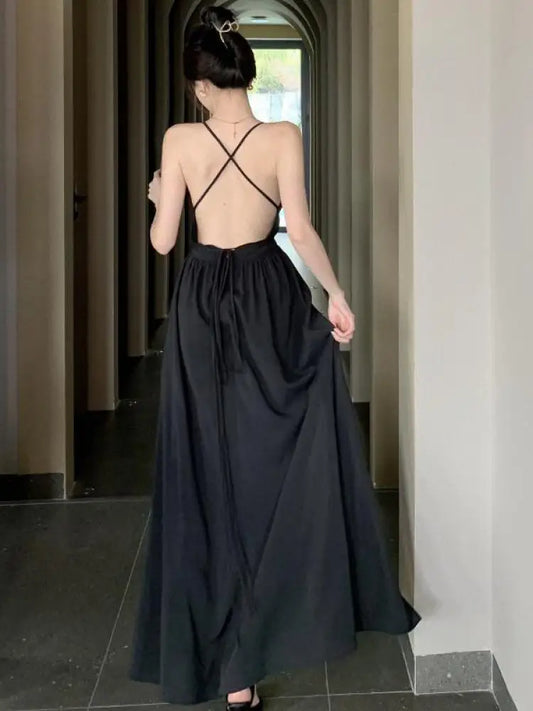 Cute Fashion Sexy Backless Sleeveless V-neck Maxi Dress Women Summer Solid Black Halter Split Dress Lady Midnight Party Outfits