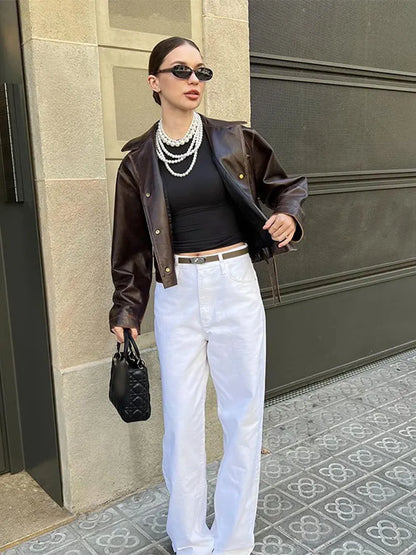 maoxiangshop  -  Fashion Pu Leather Brown Lapel Jacket Casual Long Sleeve Single Breasted Office Coat 2024 Autumn Chic High Street Lady Outwears