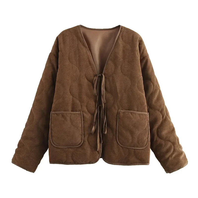 maoxiangshop  -  Vintage Brown Lace Up Women's Coats Quilted V-neck Pockets Long Sleeve Warm Jacket 2024 Autumn Winter Lady All-match Outwear
