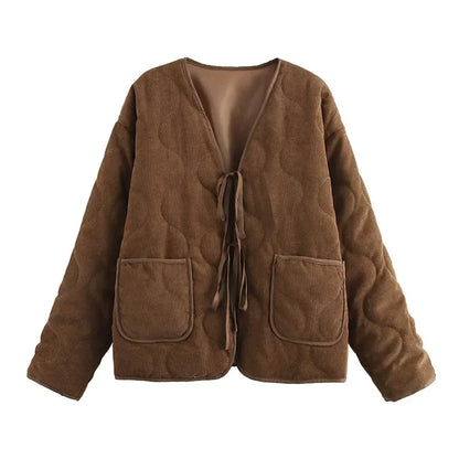 maoxiangshop  -  Vintage Brown Lace Up Women's Coats Quilted V-neck Pockets Long Sleeve Warm Jacket 2024 Autumn Winter Lady All-match Outwear