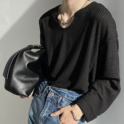 maoxiangshop Men's Retro Loose Lazy Stylish Long Sleeve T-Shirt Casual O Neck Solid Exposed Clavicle Tops Breathable Basic Shirt 2024 New