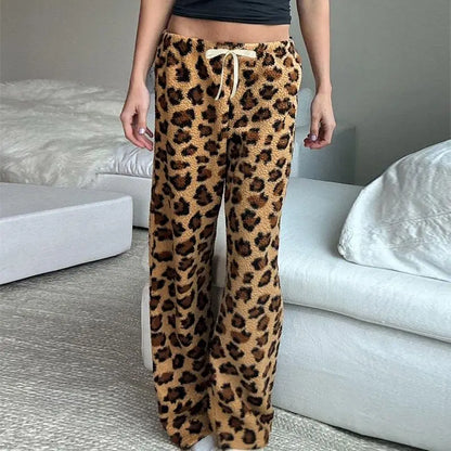 maoxiangshop  -  American Retro Leopard Print Plush Casual Pants Women Autumn Winter Streetwear Hot Girls Loose Warm Harajuku Y2K Pants