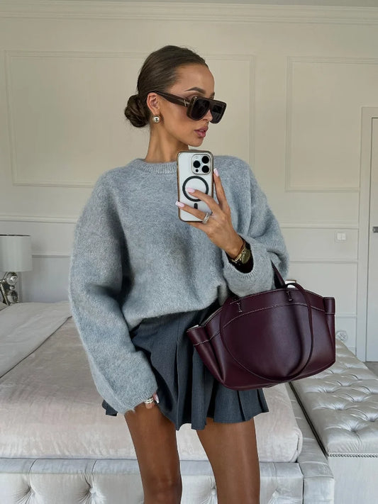maoxiangshop  -  Knitted Long Sleeved O-neck Casual Pullover Fashion Solid Color Versatile Elegant Women's Sweater Commute High Street Autumn Top