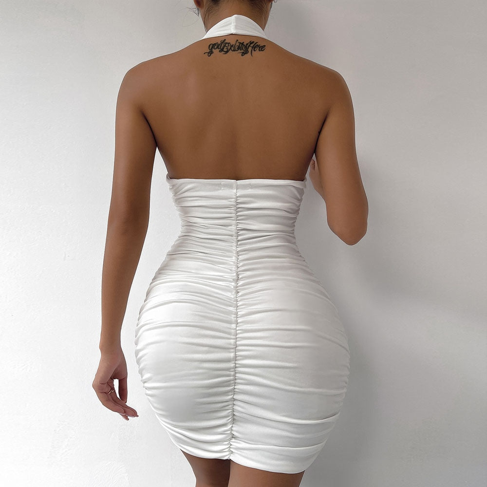 maoxiangshop Sexy Ruffle V Deep Evening Party Dress Summer Short White Halter Dresses Women Tight Club Mini Dress Clubwear