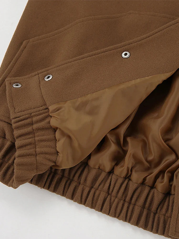 maoxiangshop  -  Thick Women's Autumn Bomber Jacket Woolen Single Breasted Oversized Stand Collar Casual Pocket Coats All-match Chic Outwear