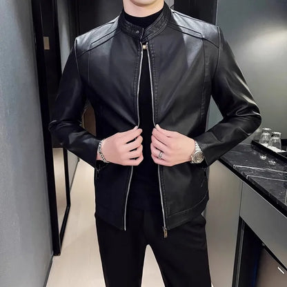 maoxiangshop New Men Leather Jacket Classic Slim Fit Motorcycle PU Leather Jacket Solid Color Standing Collar Men Large Black Leather Jacket