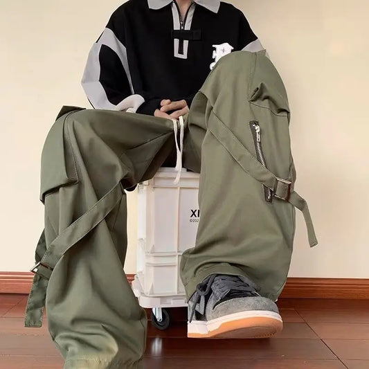 maoxiangshop Green Cargo Pants Men Oversize Zipper Black Cargo Trousers Male Streetwear Hip Hop Pocket Spring Loose Casual Workwear