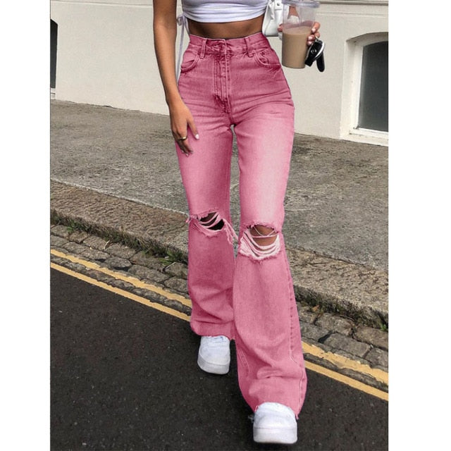 maoxiangshop new style micro-bladed jeans women's ripped European and American high-waisted wide-leg flared trousers all-match loose