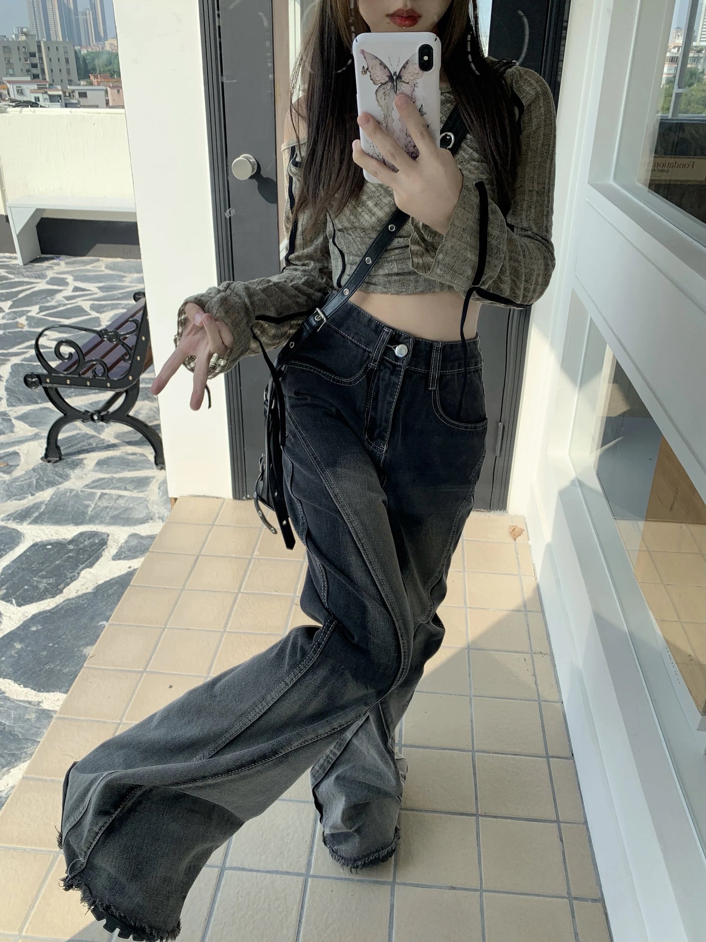 maoxiangshop Harajuku Streetwear Retro Black Fashion Women High Waist Jeans Loose Wide Leg Straight Loose Denim Trousers Y2K Baggy Pants