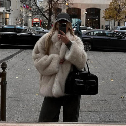 maoxiangshop  -  Solid Fluffy Faux Fur Thick Coat Women Fashion Warm Lapel Long Sleeve Short Jacket 2024 Autumn Winter Lady High Street Outerwear