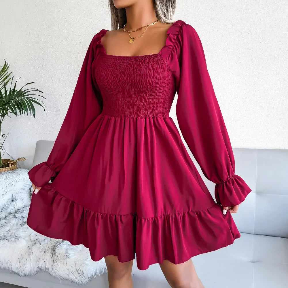 maoxiangshop Off Shoulder Ruffle Short Mini Dress Women Summer Fashion A Line Sundress Robe Female Solid Color Casual Sundress