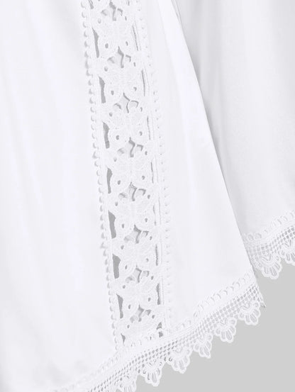 maoxiangshop Plus Size White Lace Trim Hollow Out Tees Fashion V-Neck Cinched Flare Sleeves Tops Women Fall,Spring Streetwear T-Shirt