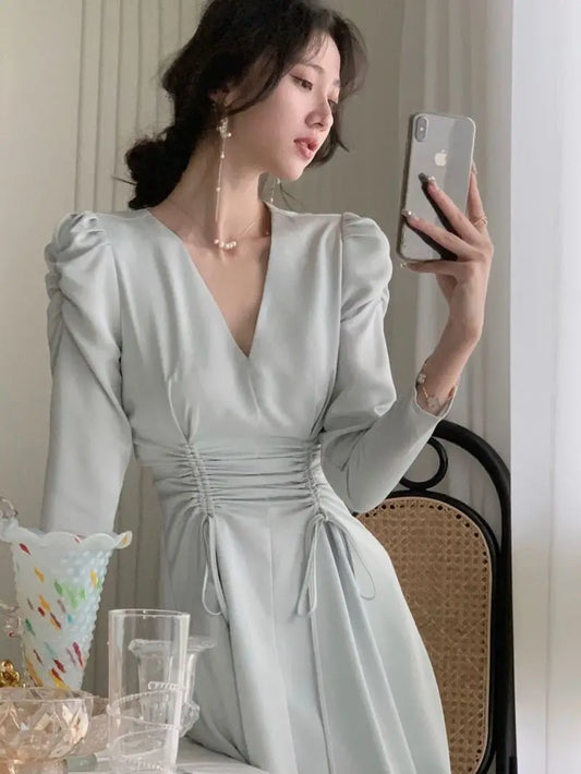 maoxiangshop Satin V-neck Long Sleeves Midi Dresses for Women Autumn New Elegant Party Fashion Slim Vintage Casual Blue Female Clothing