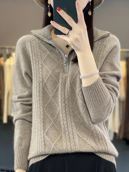 maoxiangshop 100% Merino Wool Women's Turtleneck Sweater Autumn Winter Casual Knit Loose Top Fashion Zipper Half Open Neck Cashmere Pullover