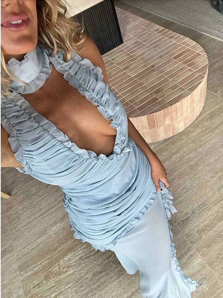 maoxiangshop-Tossy Lace Scarf Pleated Slit Dress For Women solid Bandage Sleevesless Hollow Out Lady Beach Vacation Dress Elegant Fashion New