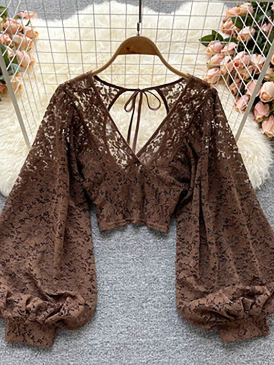 maoxiangshopAutumn Black/White/Brown Sexy Lace Blouse Women Elegant V-Neck Puff Long Sleeve Open Back Short Tops Female Party Blusas