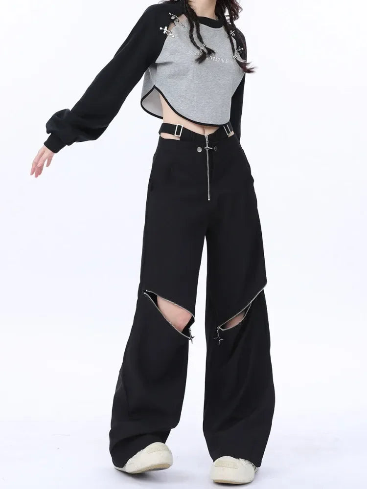 Y2K Black Cargo Pants Women Baggy Punk Style Zipper Trouser Hip Hop Gyaru Streetwear High Waist Pant Techwear Hollow Out