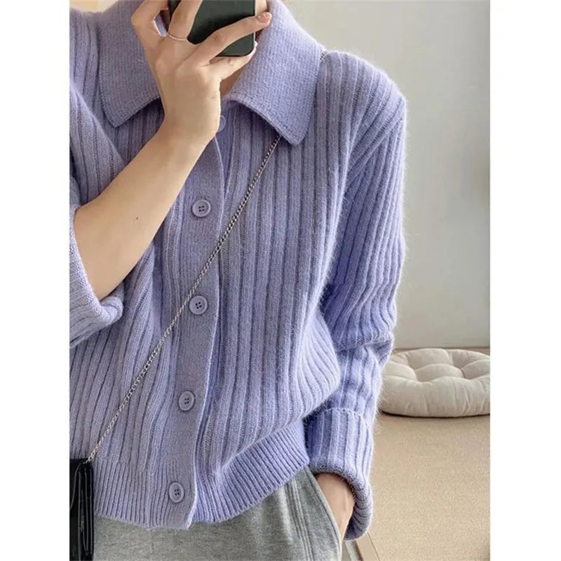 maoxiangshop Turn Down Knit Cardigan Women Autumn Winter Button Up Solid Color Sweater Coats Woman Long Sleeve Soft Cardigans Ladies