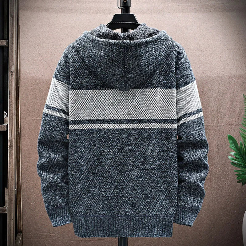 maoxiangshop WINTER OUTFITS Autumn Korean Hooded Men's Sweater with Thick and Velvet Men Cardigan Knitted Sweater Coat Stripe Jacket Male M-4XL