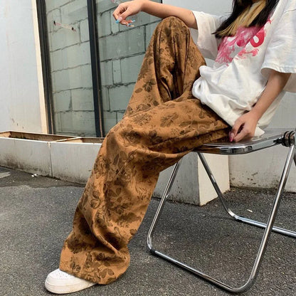 Lucyever Summer Thin Retro Corduroy Pants Women Harajuku Printed Baggy Wide Leg Trousers Teen High Street Unisex Hip Hop Pants