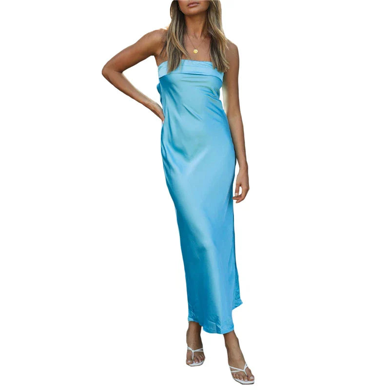 maoxiangshop-Bodycon Tube Dress y2k Women Solid Color Satin Off Shoulder Strapless Sleeveless Midi Dress Sexy Club Party Dresses