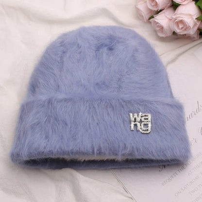 maoxiangshop New Fashion Rabbit Fur Y2k Beanies for Women Soft Warm Fluffy Angola Winter Hat Female Windproof Bonnet Hat Skullies Cap