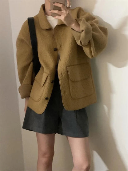 maoxiangshop  -  Chic Solid Woolen Jackets Loose Women New Warm 2025 Vintage Slim Winter Streetwear Elegant Fashion Daily Coats
