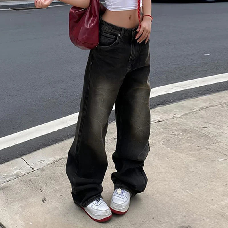 Streetwear Grunge Baggy Jeans Women Vintage Distressed Straight Leg Y2K Denim Pants 90s Aesthetic Outfits Washed Chic