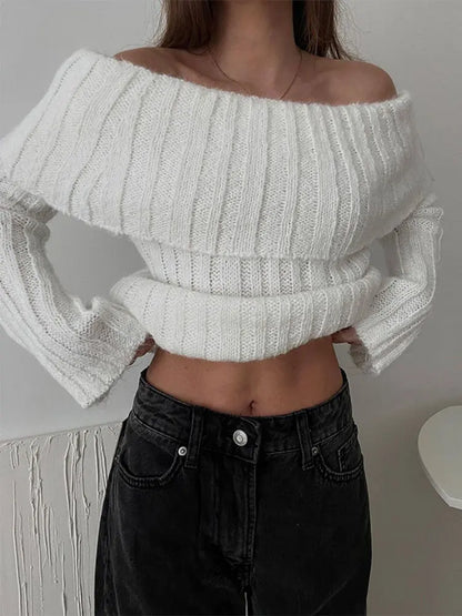 maoxiangshop -  Rib Knit Off Shoulder Pullover For Women Fashion Long Sleeved White Warm Knitwear Sweater Autumn Chic Female Street Jumper