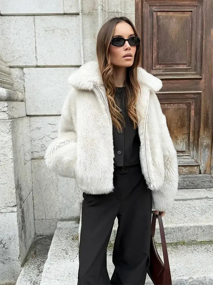 maoxiangshop  -  Warm Thick Zipper Lapel Pocket Faux Fox Fur Coat Women's Long Sleeved Fluffy Jacket 2024 Winter Lady High Street Outercoat