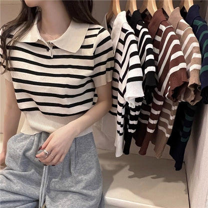 maoxiangshop Summer Vintage Striped Polo Collar T Shirts Women's Knitted Short Sleeve Thin Cropped Tshirt Crop Top For Slim Girls