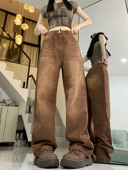 maoxiangshop Women Brown Jeans 90s Aesthetic Y2k Vintage Baggy Denim Trouser Fashion Harajuku High Waist Wide Cowboy Pants 2000s Clothes