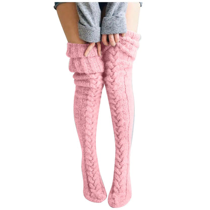 maoxiangshop Women Socks Christmas solid Long Over The Knee Cotton Socks High Long Winter Knitting Over Knee Xmas Knit carpet Socks