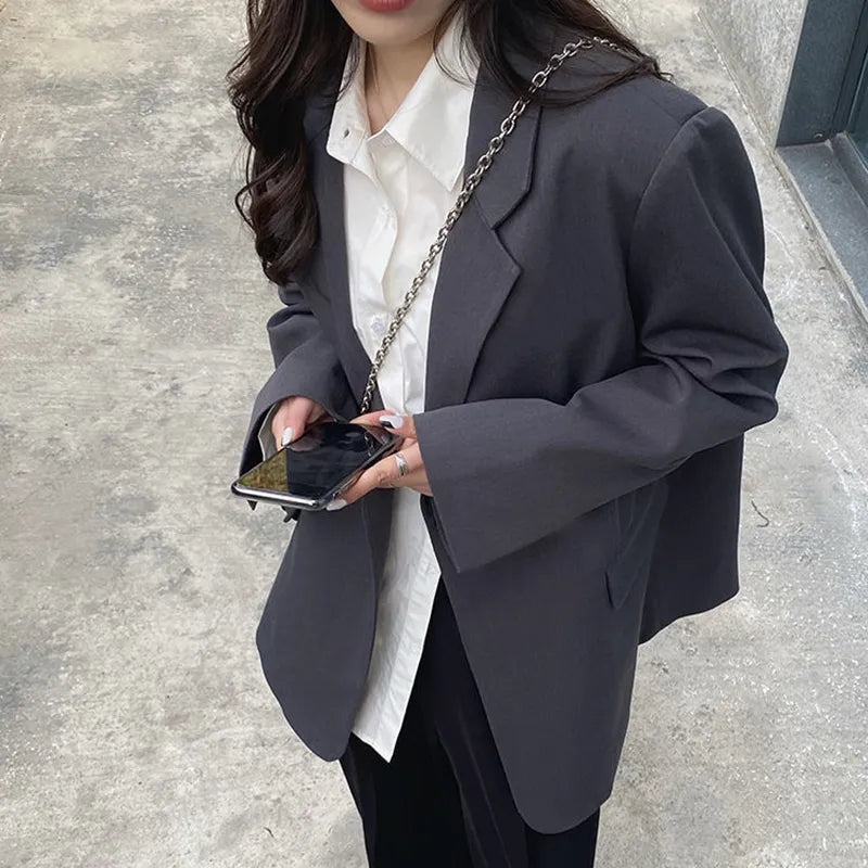 maoxiangshop Korean Style Gray Blazer for Women Spring Autumn Long Sleeve Loose Suit Coat Woman Single Breasted Chic Jackert Female