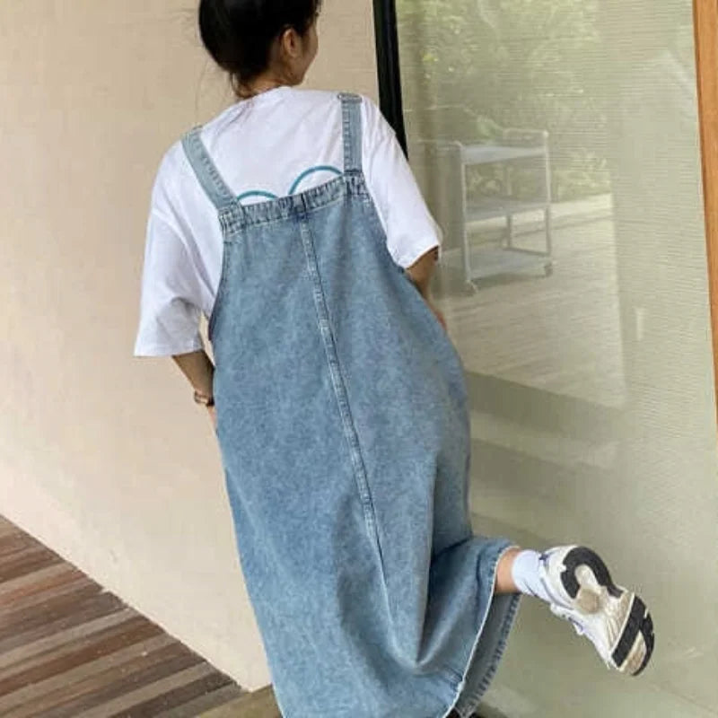 maoxiangshop Spring Summer Denim Overall Dress Women Sleeveless Jeans Dresses Fashion Female Solid Slip Casual Loose Spaghetti Strap Dresses