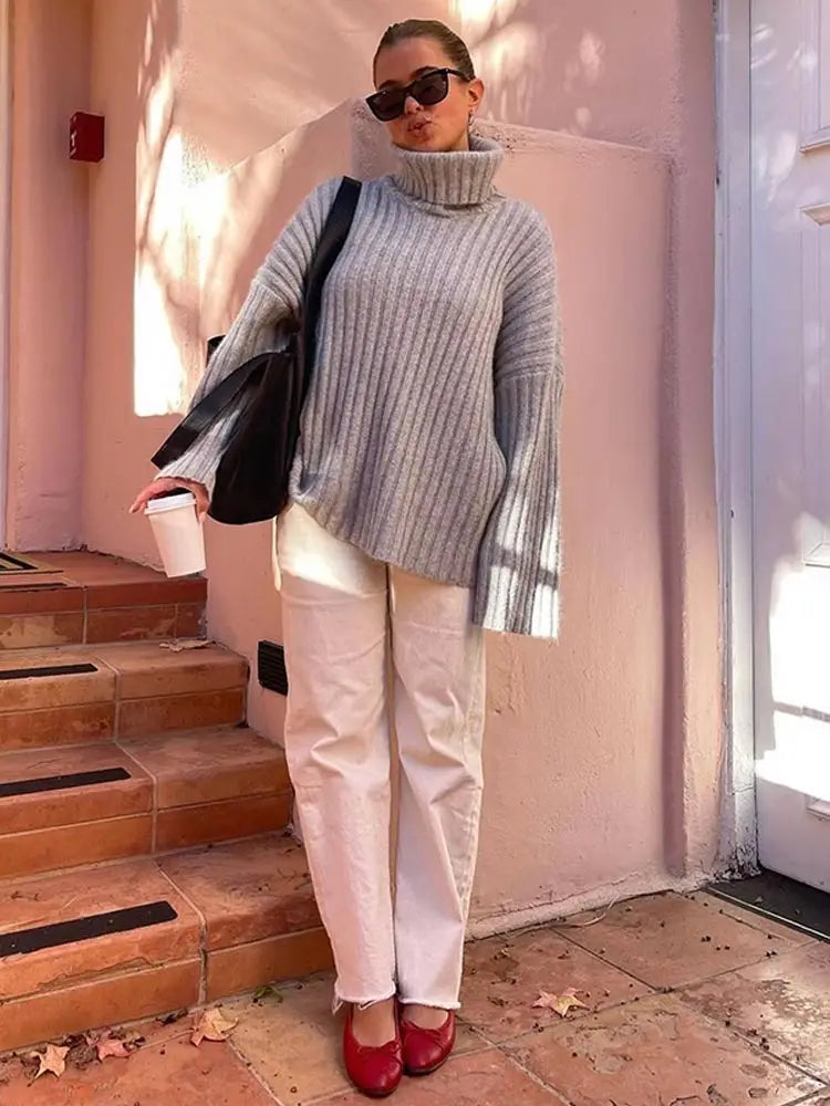 maoxiangshop  -  Women Elegant Grey Turtleneck Knitted Pullover Female Autumn Winter Long Sleeve Loose Sweater Basic Simple Lady Street Jumpers