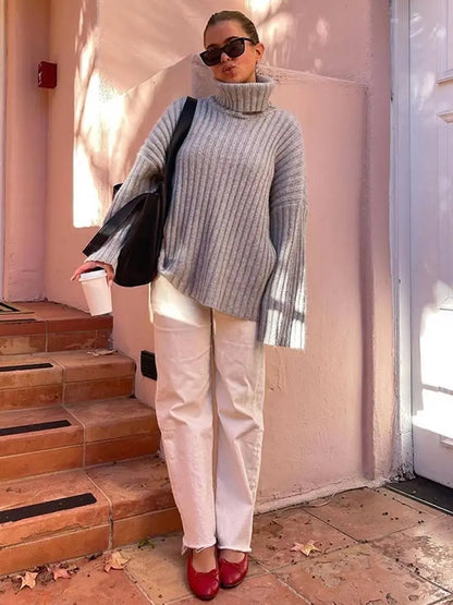 maoxiangshop  -  Women Elegant Grey Turtleneck Knitted Pullover Female Autumn Winter Long Sleeve Loose Sweater Basic Simple Lady Street Jumpers