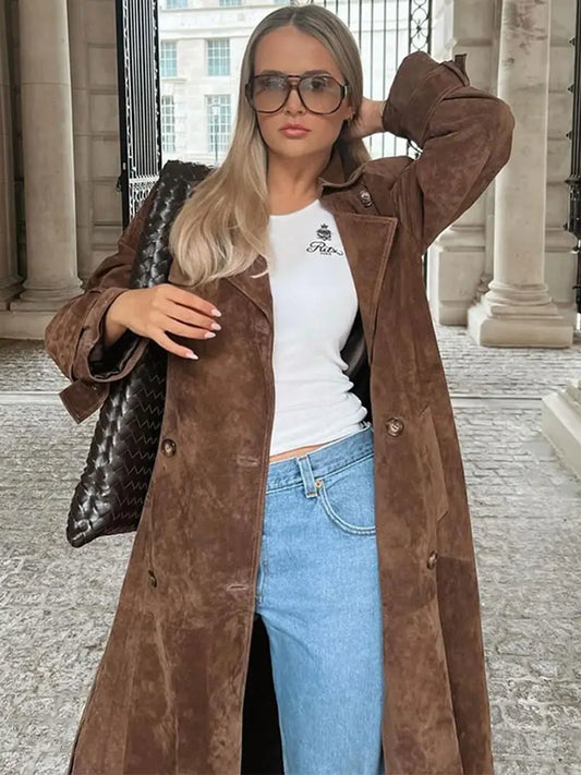 maoxiangshop  -  Fashion Solid With Belt Suede Long Jacket 2024 Women Chic Button Lapel Oversize Loose Overcoat Autumn Female High Street Coat