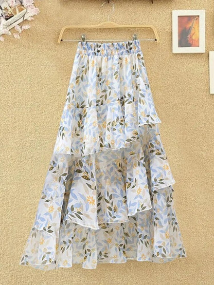 maoxiangshop New Temperament Skirt Summer Floral Irregular Ruffle All-match A-line Skirt Breathable Fairy Cake Skirt Fashion Party