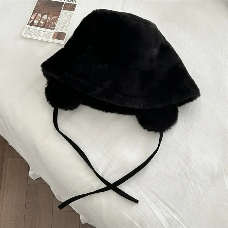 maoxiangshop Korean New Ear Protection Bucket Hats for Women Autumn and Winter Travel Versatile Warm Retro Solid Color Plush Men's Caps