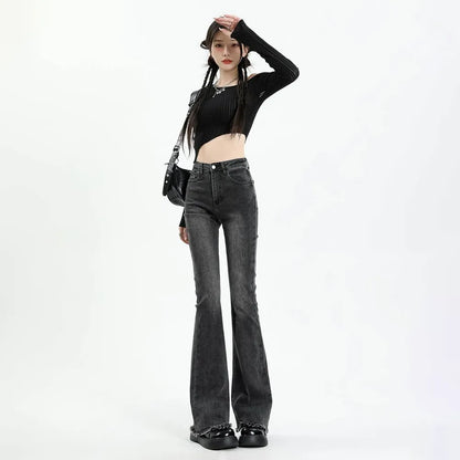 Gray Flared Jeans Women's Spring Autumn High-waisted Slim-fit Pants Retro Y2K Street Female Denim Trousers