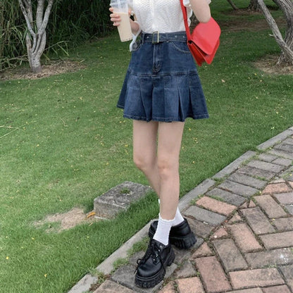 High Waist Y2K Jean Skirts Women Retro Mini Denim Pleated Skirts Harajuku Punk Belt Korean Student Casual A Line Skirt